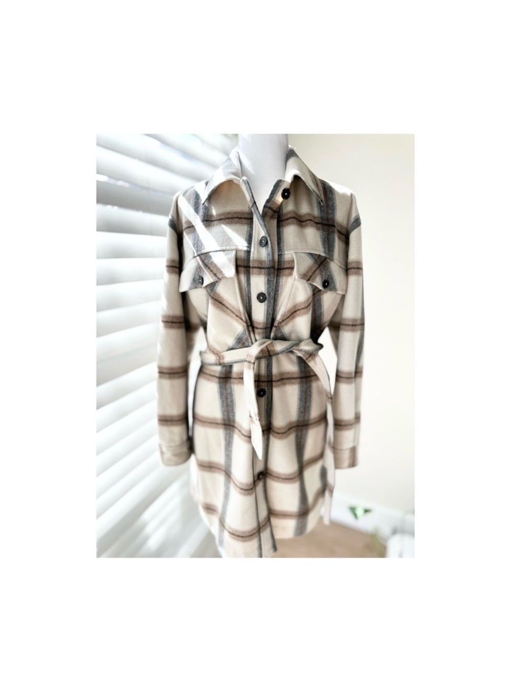 Frank & Oak Beige Plaid Belted Shacket